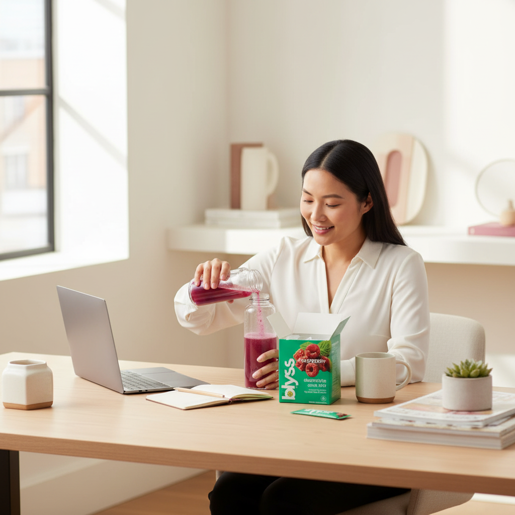 A person taking a calm afternoon break with a bottle of water and a Blyss stick pack