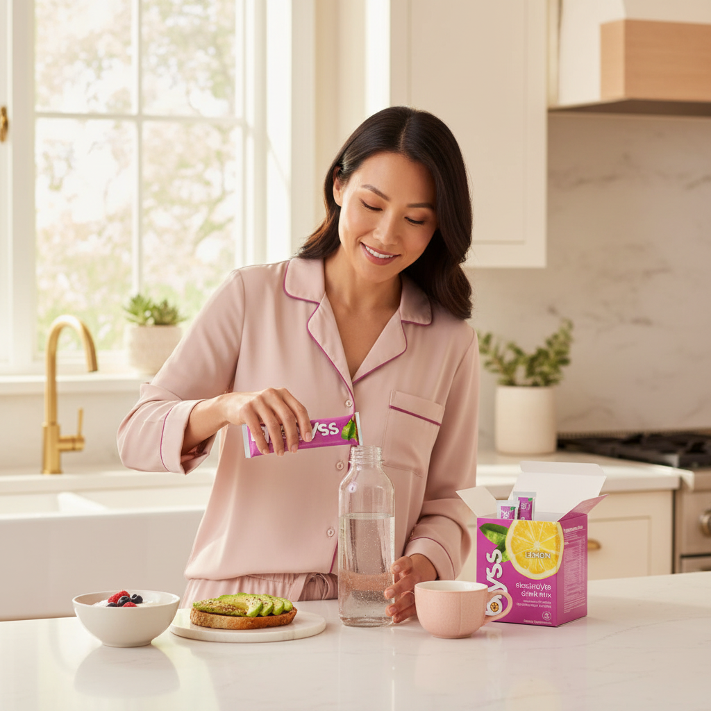 A glass of water with a Blyss electrolyte stick being mixed in during a calm morning routine